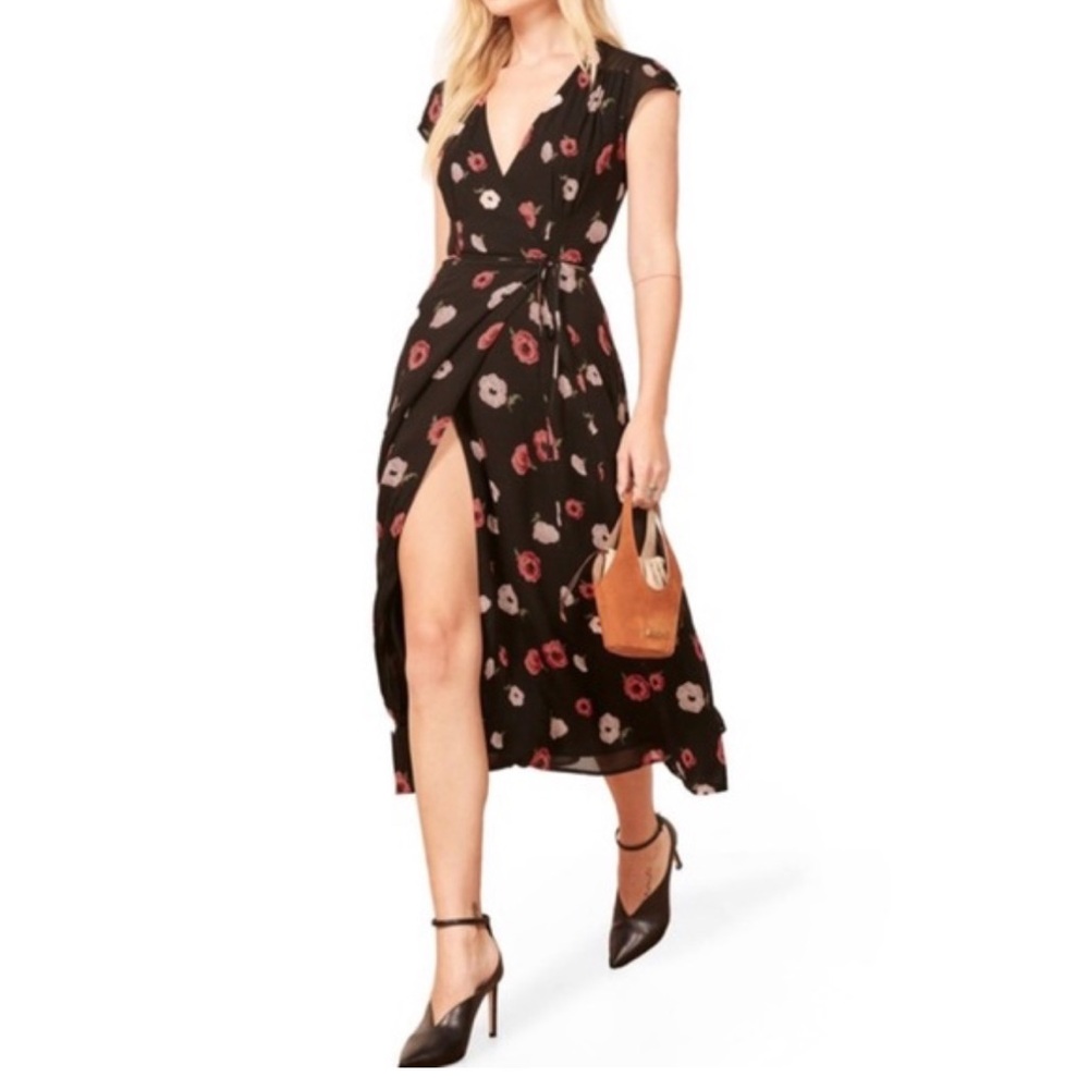 REFORMATION Floral Black Midi Wrap Dress